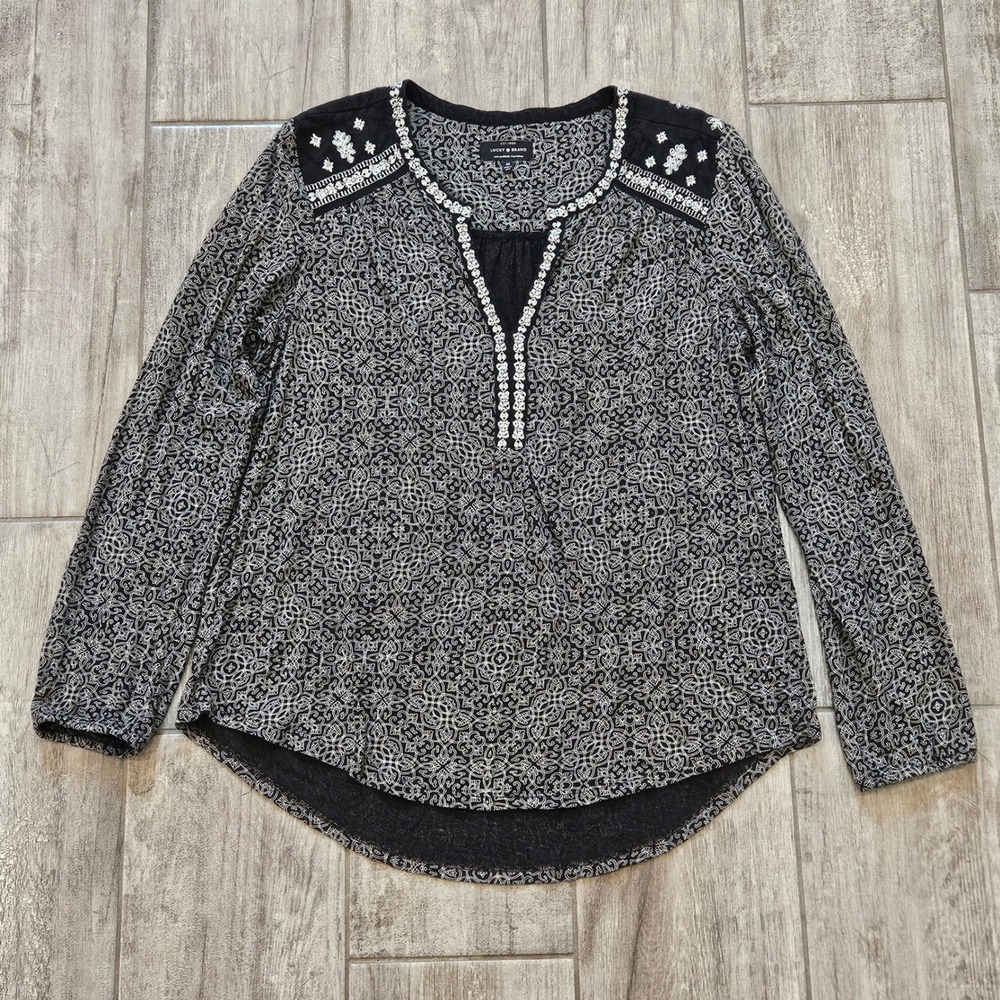 Lucky Brand Peasant Top Size M Black White Medallion Embroidered Boho Festival